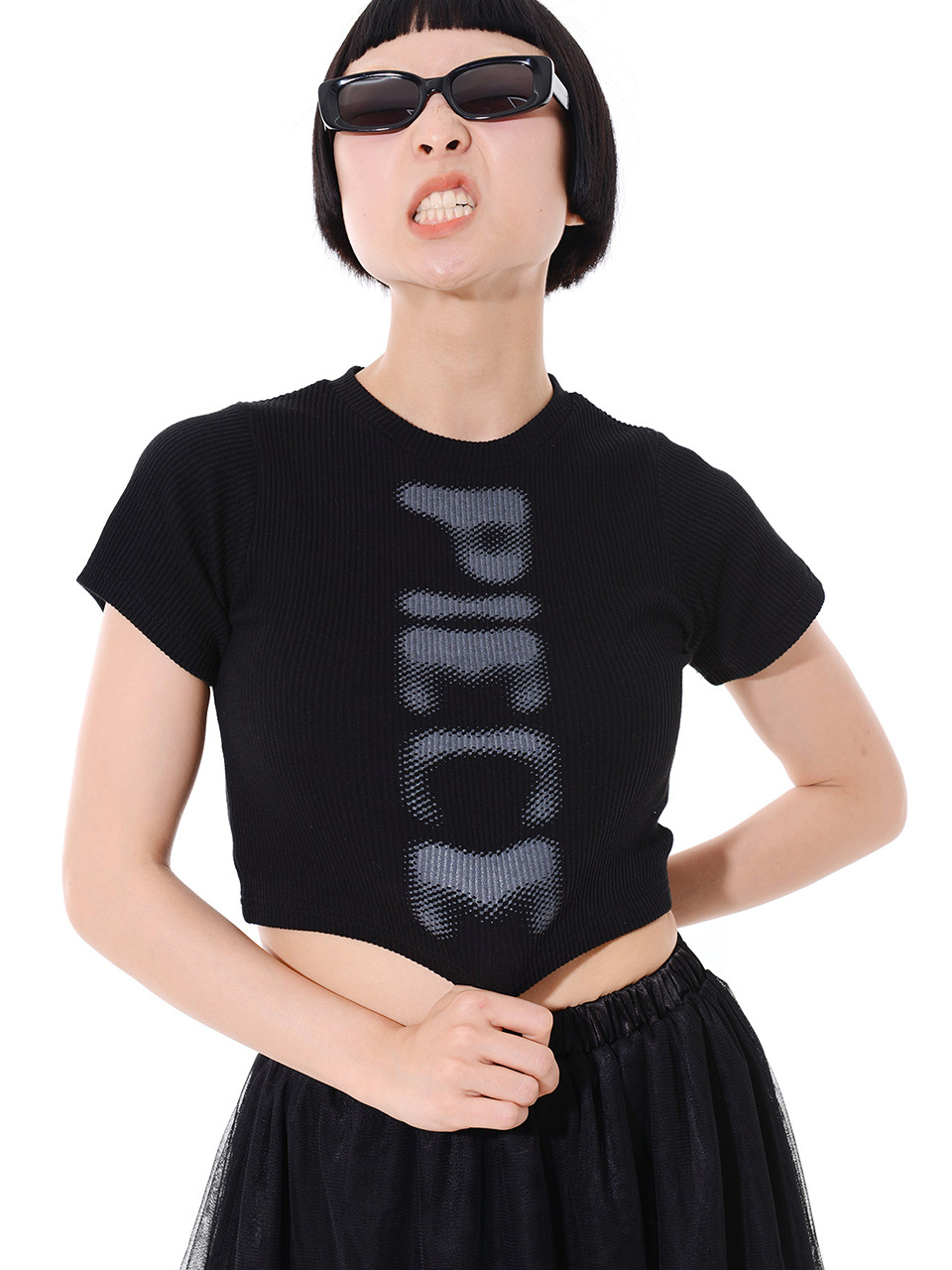PIECEMAKER Ribbed Contrast Crop T-Shirt_Black
