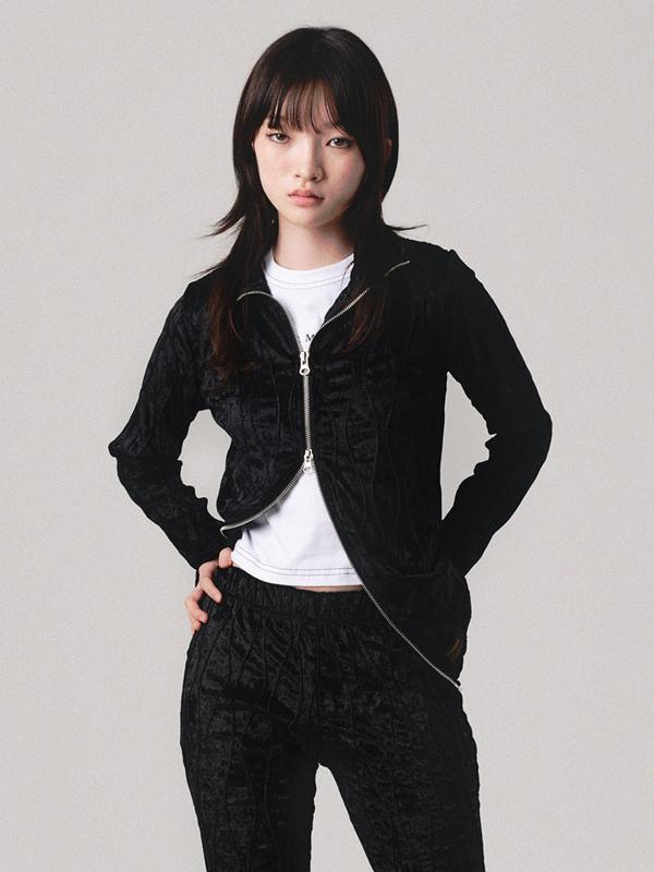 PIECEMAKER Velvet Wave Stitch Two-way Zip-up _ Black