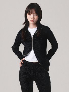 PIECEMAKER Velvet Wave Stitch Two-way Zip-up _ Black