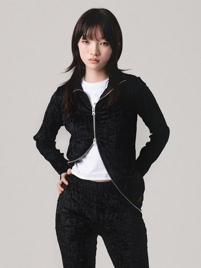 PIECEMAKER Velvet Wave Stitch Two-way Zip-up _ Black