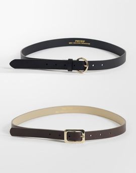 Pieces Pieces 2 pack gold buckle belt in black and chocolate brown
