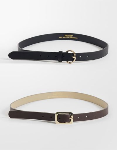 Pieces Pieces 2 pack gold buckle belt in black and chocolate brown