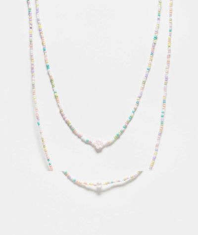 Pieces Pieces 2 pack small beaded necklaces with pearl detail in multi
