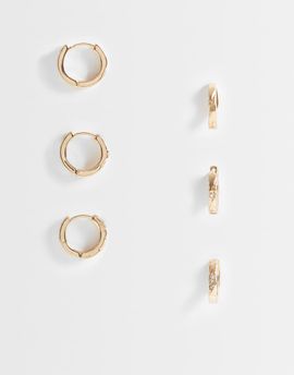 Pieces Pieces 3 pack embellished small chunky hoop earrings in gold tone