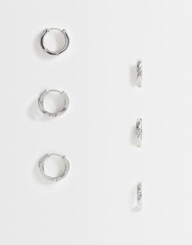 Pieces Pieces 3 pack embellished small chunky hoop earrings in silver tone
