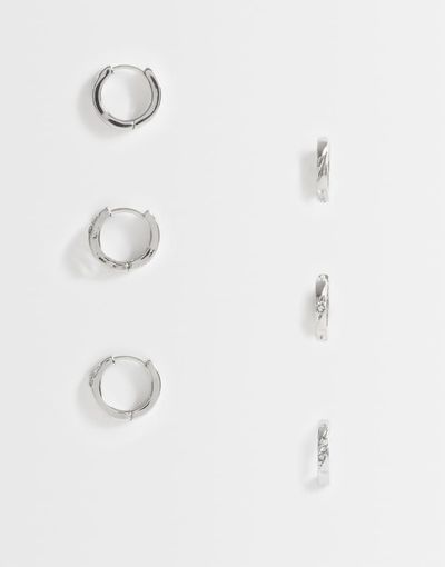 Pieces Pieces 3 pack embellished small chunky hoop earrings in silver tone