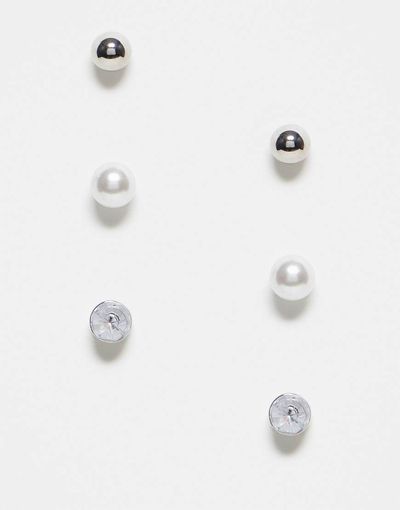 Pieces Pieces 3 pack pearl & diamante stud earrings in silver & white-Multi