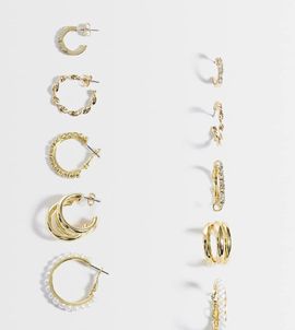 Pieces PIECES 5 pack embellished hoop earrings in gold tone