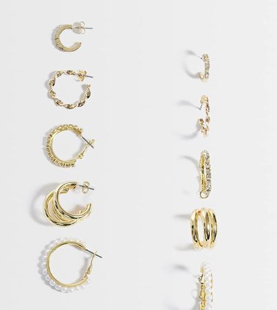 Pieces PIECES 5 pack embellished hoop earrings in gold tone