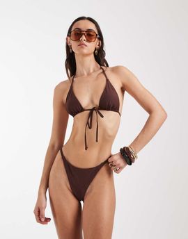 Pieces PIECES adjustable thong bikini bottoms in deep mahogany brown - part of a set