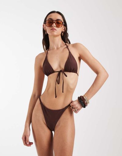 Pieces PIECES adjustable thong bikini bottoms in deep mahogany brown - part of a set