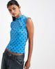 Pieces Pieces asymmetric button jersey top in blue and brown polka dot - 3