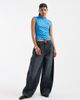Pieces PIECES asymmetric button jersey top in blue and burgundy polka dot print - 2