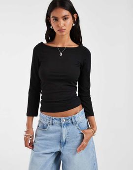 Pieces PIECES boat neck 3/4 sleeve top in black