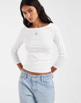 Pieces PIECES boat neck 3/4 sleeve top in white