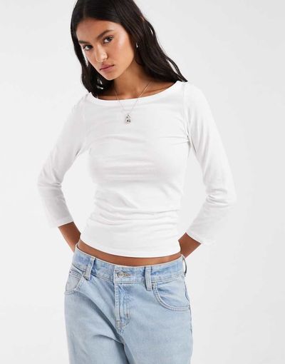 Pieces PIECES boat neck 3/4 sleeve top in white