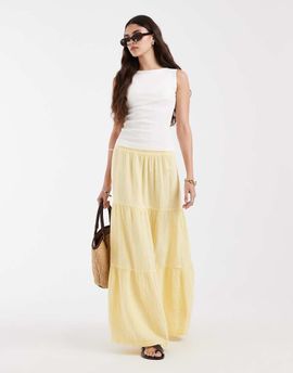 Pieces PIECES boho tiered maxi skirt in pastel yellow
