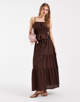 Pieces PIECES boho tiered poplin cotton maxi skirt in coffee brown - part of a set