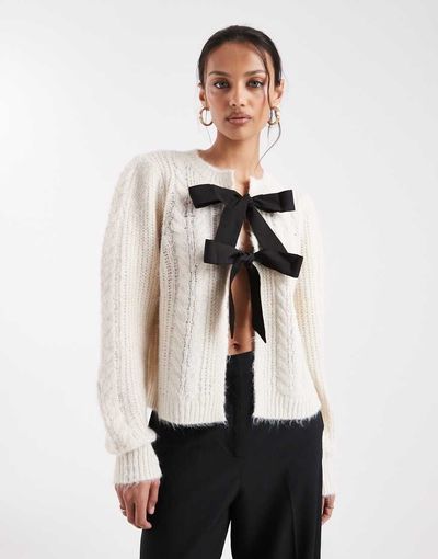 Pieces Pieces cable knit cardigan with constrast bow ties in cream-White
