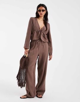 Pieces PIECES crinkle cotton wide leg pants in chocolate brown - part of a set