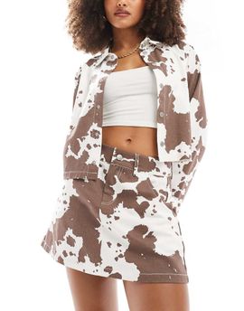 Pieces Pieces denim mini skirt in brown cow print - part of a set-Multi