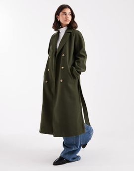 Pieces Pieces double breasted wool coat in dark khaki-Green