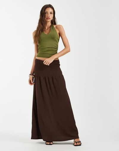 Pieces PIECES dropped waist shirred textured maxi skirt in coffee brown