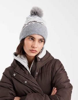 Pieces Pieces fairisle pom hat in light gray