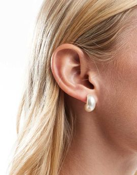 Pieces Pieces faux pearl puffy hoop earrings in white
