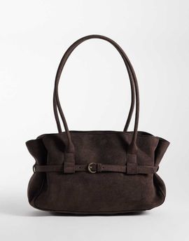 Pieces PIECES faux suede buckle detail bowling shoulder bag in brown