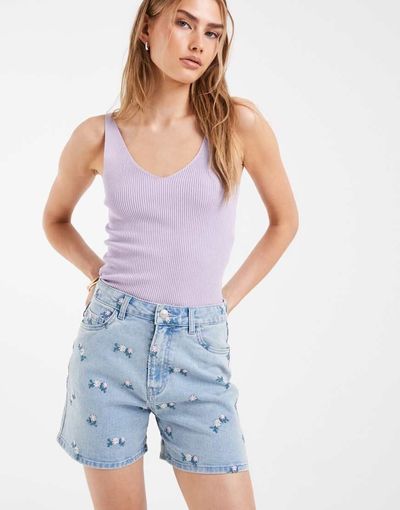 Pieces PIECES floral embroidered denim shorts in light blue