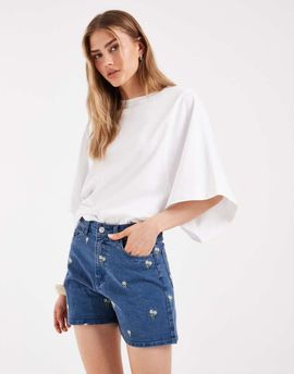 Pieces PIECES floral embroidered denim shorts in medium blue