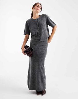Pieces Pieces fold-over waist knit midi skirt in medium gray melange - part of a set