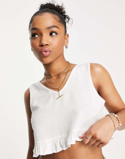 Pieces Pieces frill hem crop top in white - part of a set