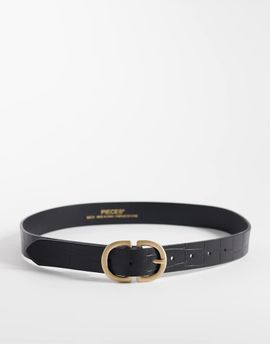 Pieces PIECES gold double buckle croc effect belt in black