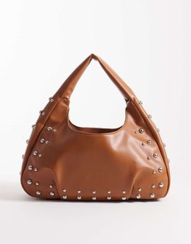 Pieces Pieces gold studded slouchy shoulder bag in brown