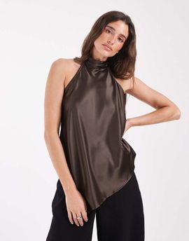 Pieces Pieces halter neck asymmetric hem satin top set in brown