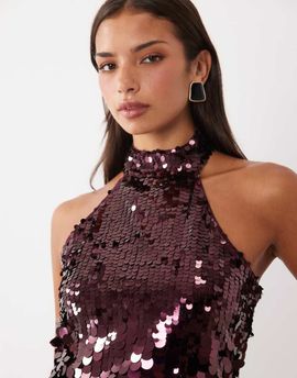 Pieces PIECES halter neck paillette sequined top in burgundy-Red