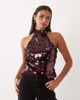 Pieces PIECES halter neck paillette sequined top in burgundy-Red - 4