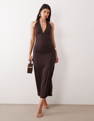 Pieces Pieces halter neck slinky maxi dress in chocolate brown