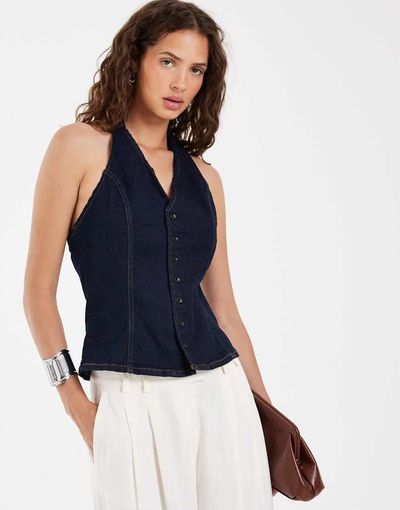 Pieces PIECES halterneck button front denim top in dark blue-Navy