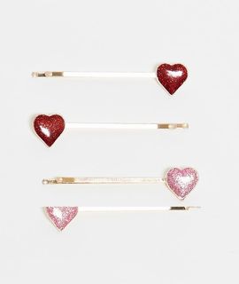 Pieces Pieces heart detailing slide hair clips in gold tone, pink and red-Multi