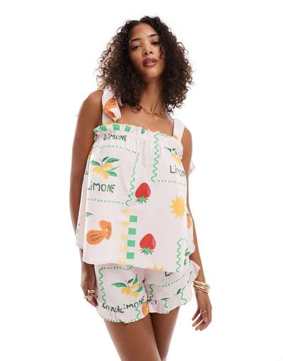 Pieces Pieces high waist shorts in pale pink based fruit print - part of a set