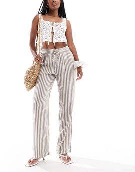 Pieces Pieces high waist wide leg pants in moonrock and white stripe-Brown