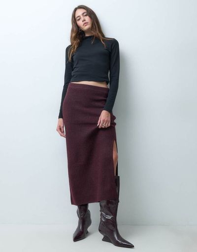 Pieces high waisted knitted maxi skirt set in burgundy-Red