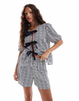 Pieces Pieces high waisted shorts in navy and white stripes - part of a set