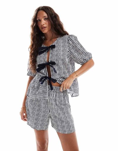 Pieces Pieces high waisted shorts in navy and white stripes - part of a set