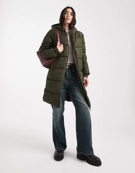 Pieces Pieces hooded longline padded coat in deep khaki-Green