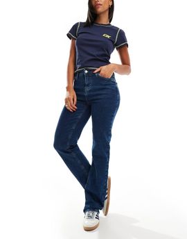 Pieces Pieces Kelly mid rise straight leg jeans in dark blue denim