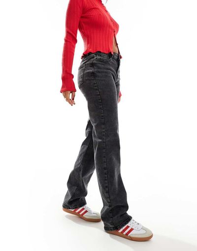 Pieces Pieces Kelly mid waisted straight leg jeans in dark gray wash